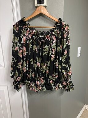 entro Black Floral Peasant Blouse with Pink and Green Accents